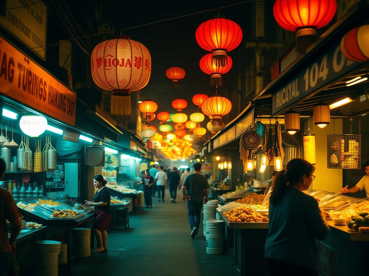 Mercado nocturno vietnamita iluminado con farolillos