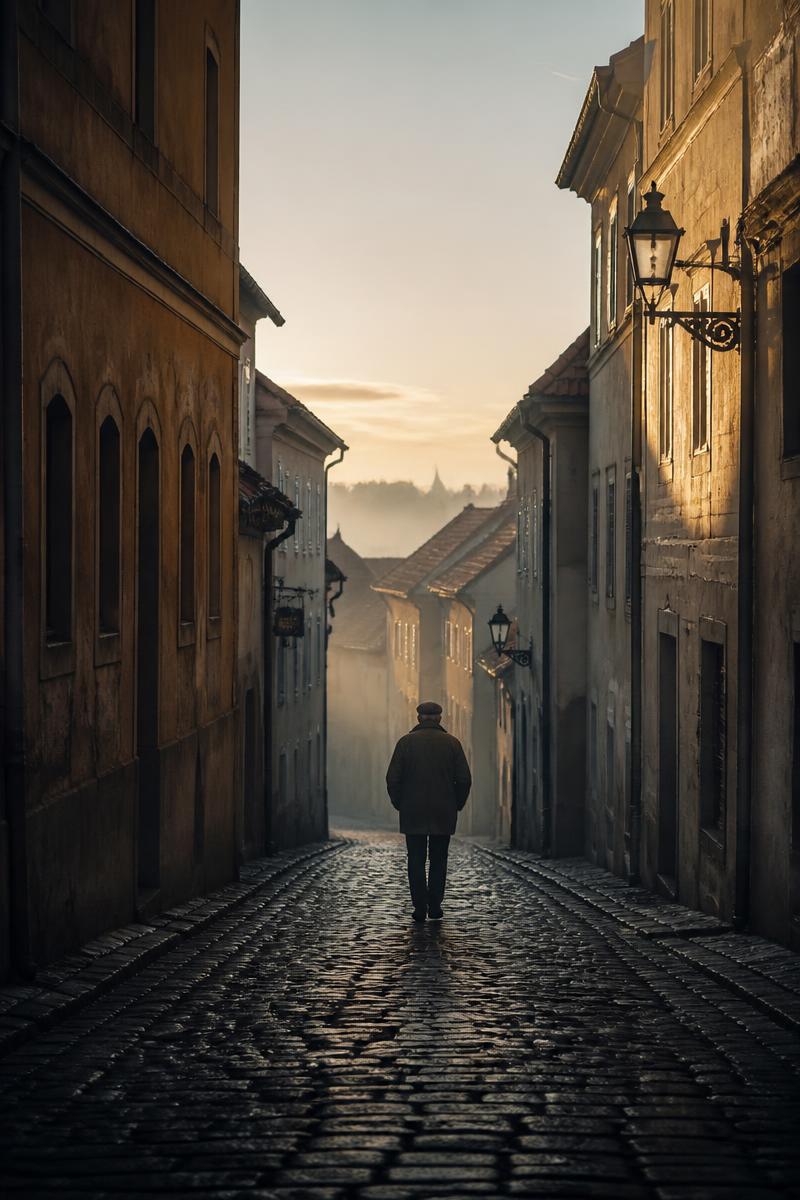 Persona caminando sola por una calle europea al amanecer
