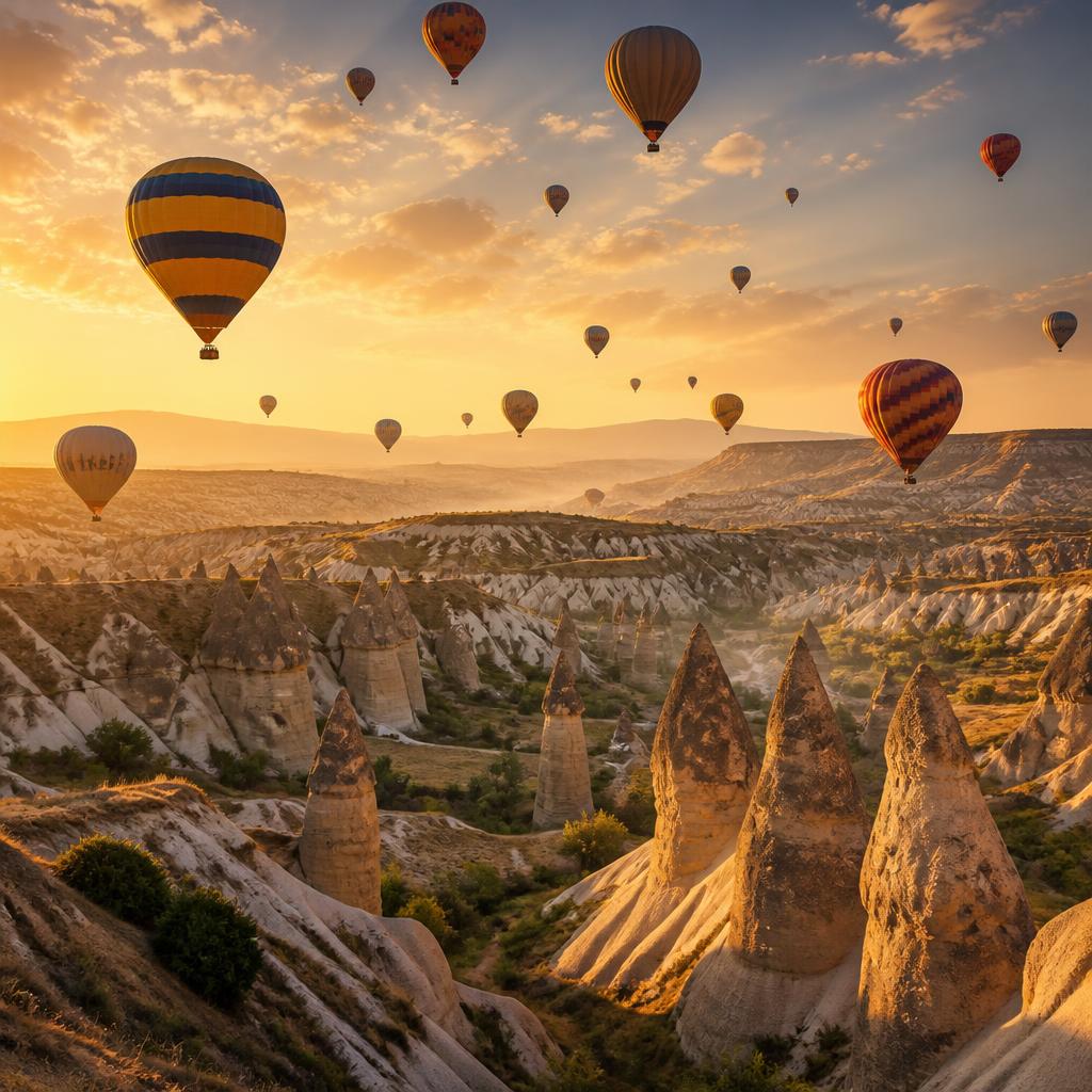 Globos aerostáticos sobre los valles de Capadocia al amanecer