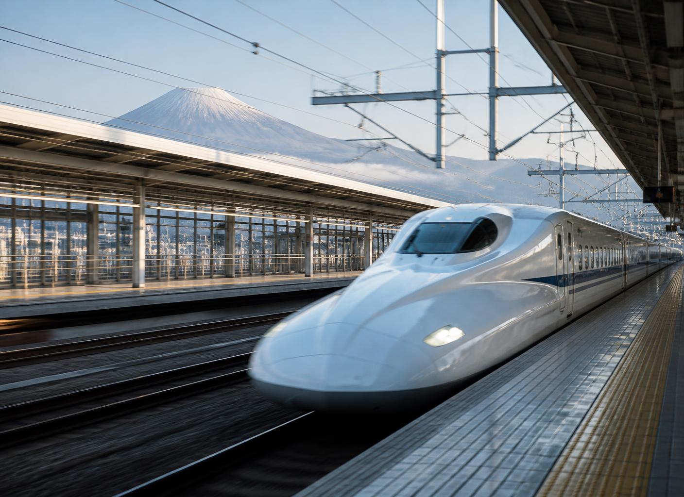 Tren bala japonés en un andén con el monte Fuji al fondo
