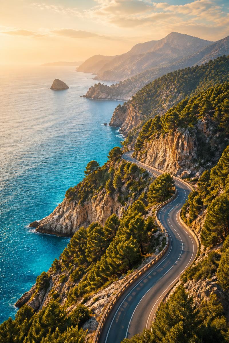 Carretera panorámica junto al mar al atardecer