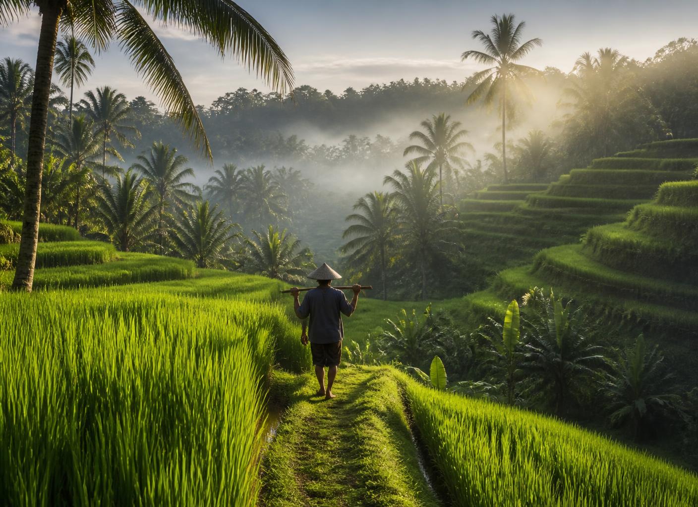 Terrazas de arroz en Bali al amanecer entre palmeras