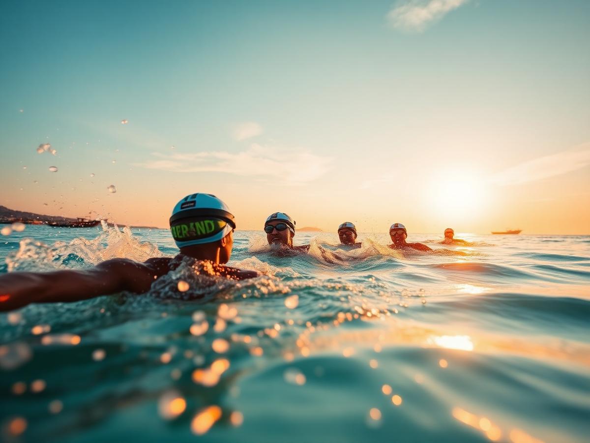 Triatletas nadando en el mar turquesa al amanecer