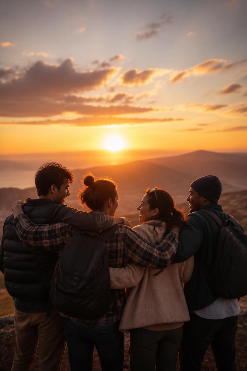 Grupo de viajeros abrazados frente a un atardecer