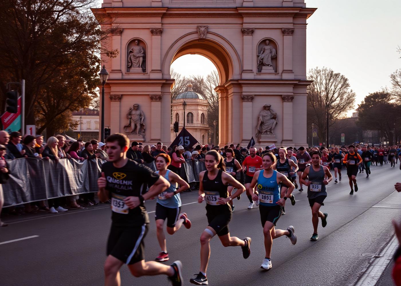 Corredores pasando frente a la Puerta de Alcalá con público animando