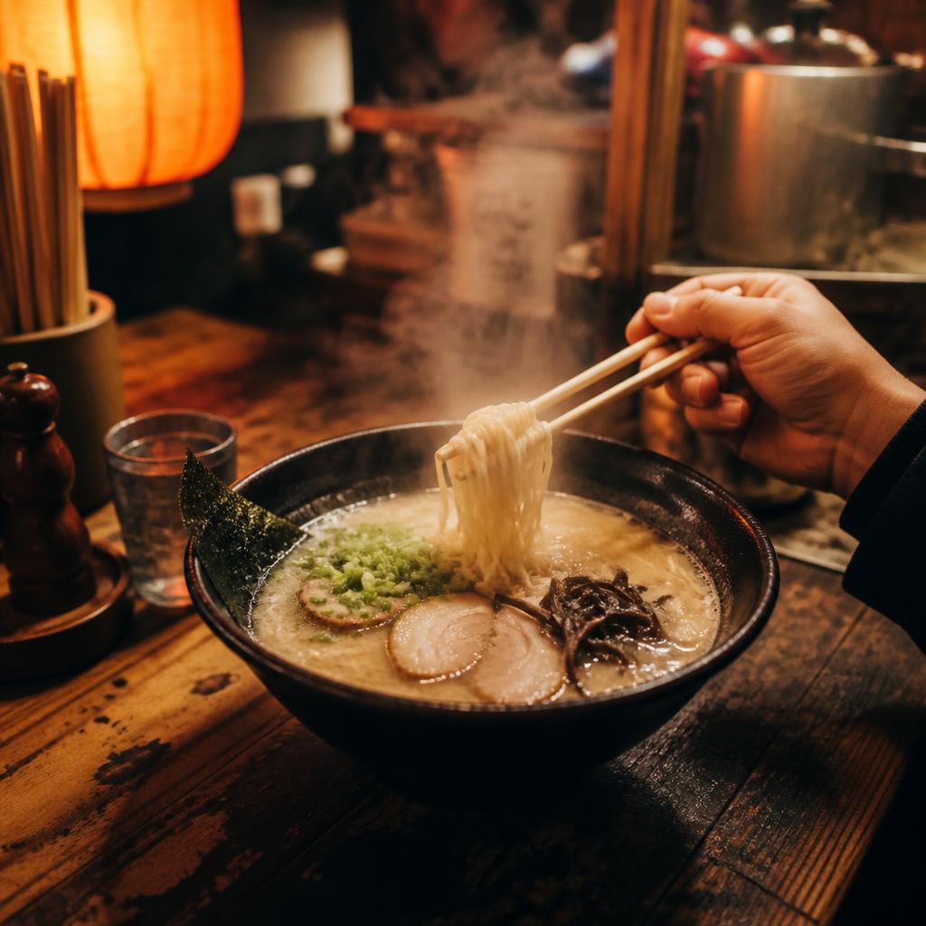 Tazón de ramen humeante en una barra de madera en Tokio