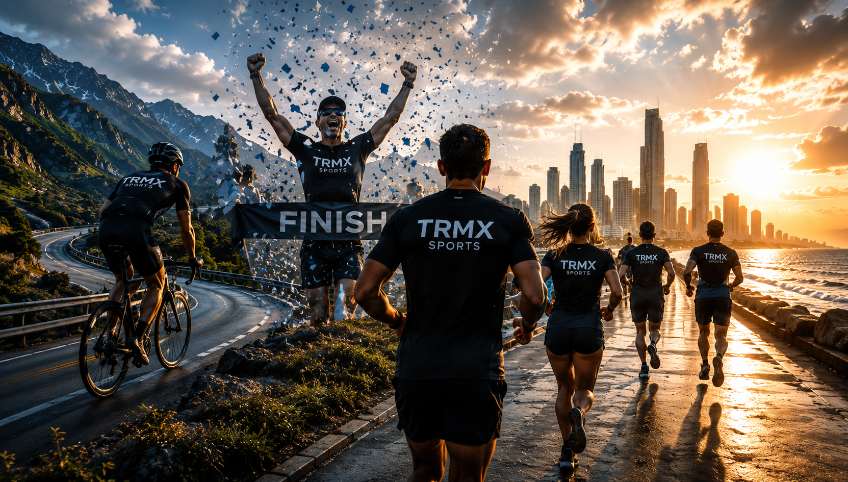 Equipo de atletas TRMX Sports en acción: ciclismo, running y meta con celebración bajo un amanecer urbano y montañoso
