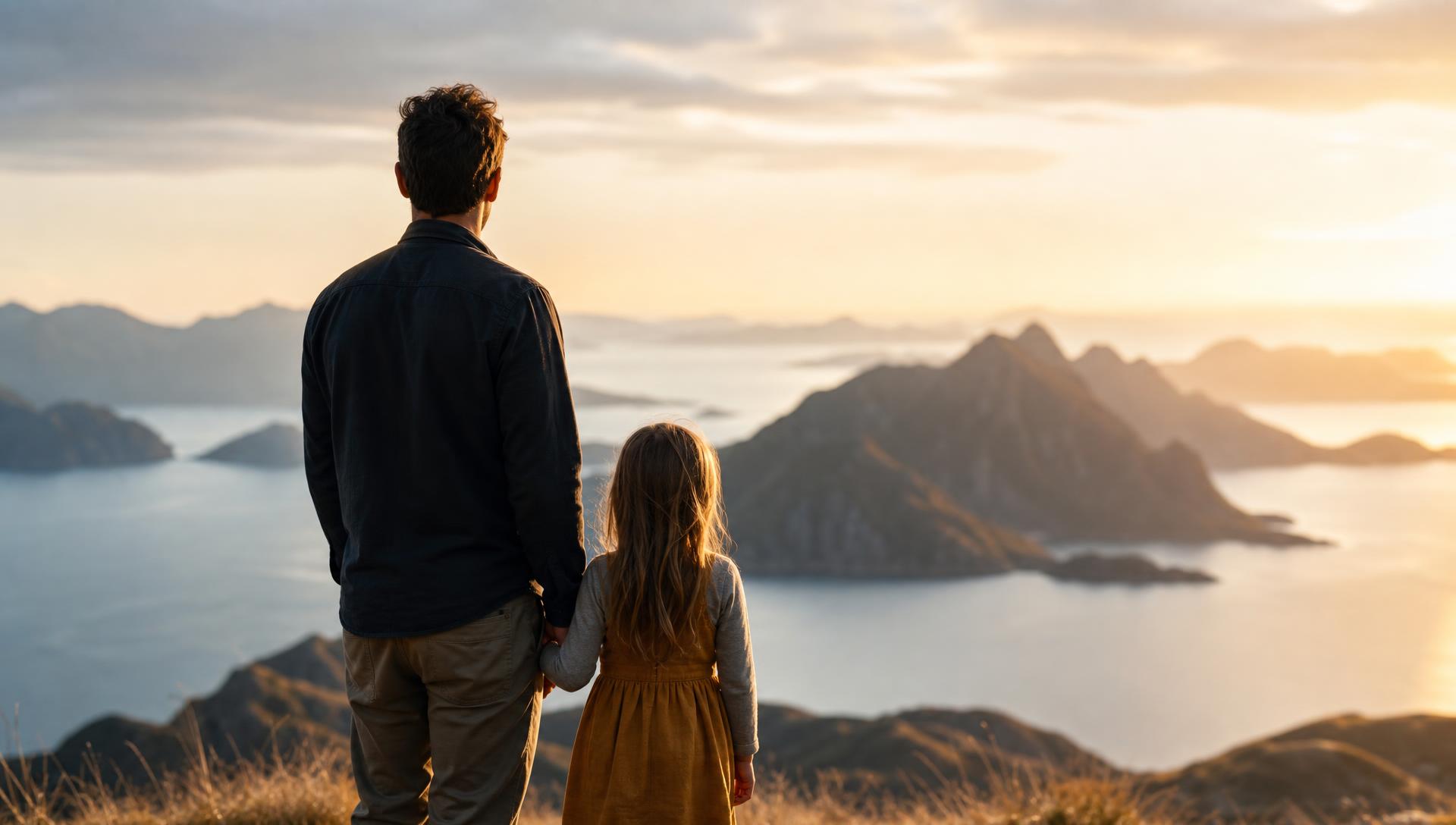 Padre e hija de espaldas contemplando un paisaje espectacular al atardecer