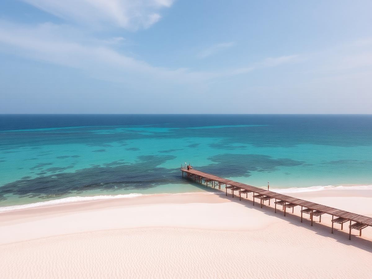 Vista aérea de playa de arena blanca con muelle de madera