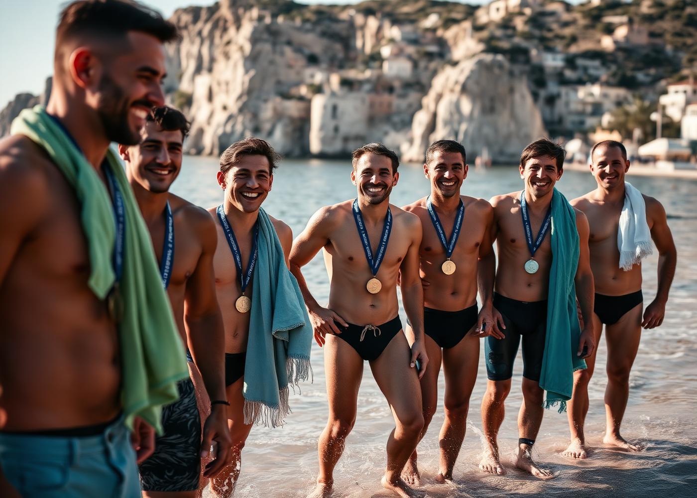 Grupo de nadadores celebrando con medallas en la playa