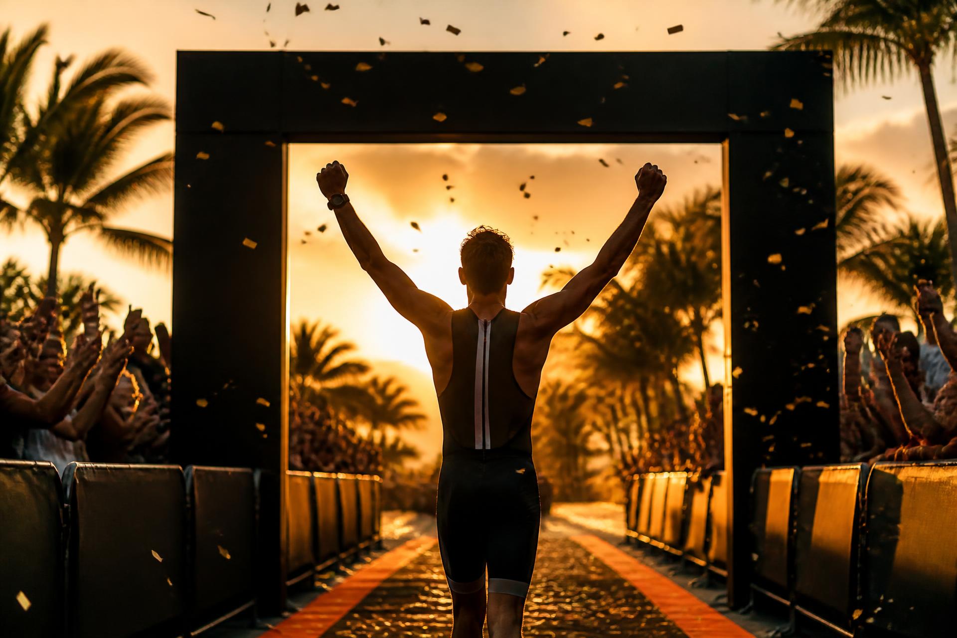 Atleta cruzando la meta de una competencia internacional al atardecer