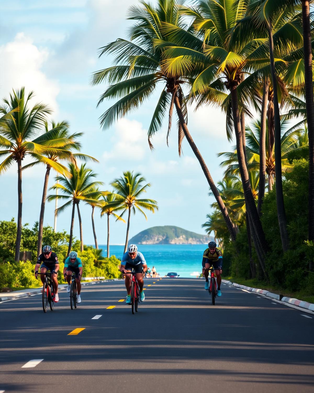 Ciclistas en carretera costera entre palmeras
