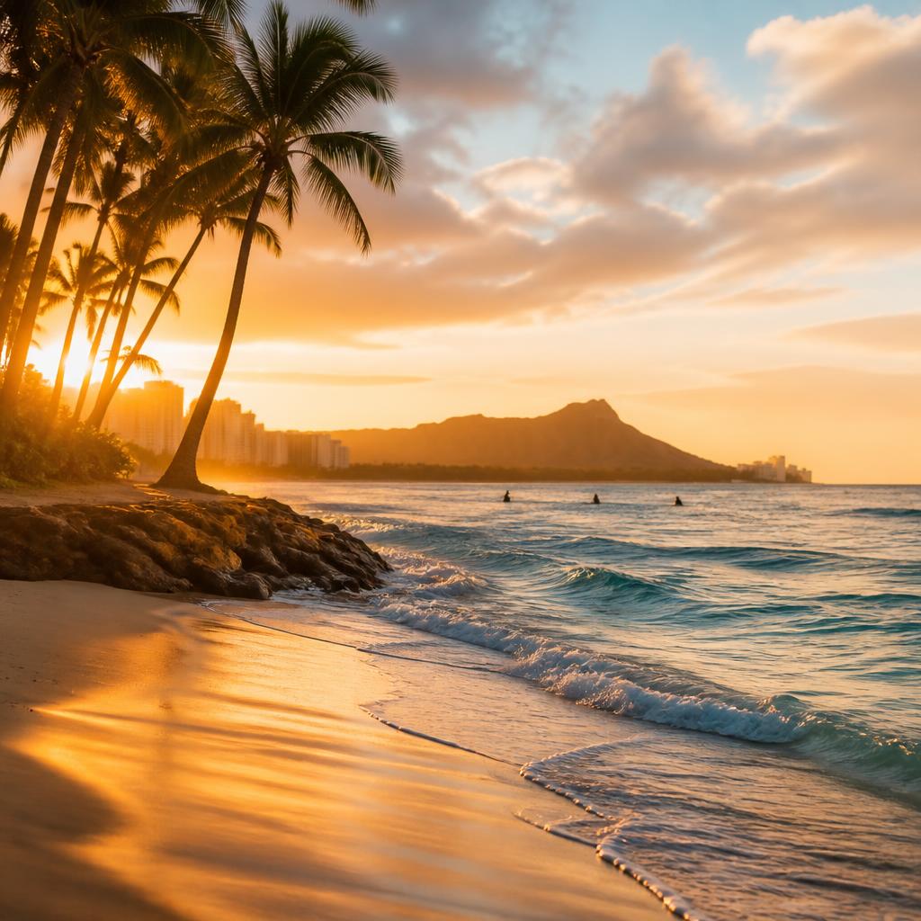Playa de Waikiki en Honolulu al atardecer