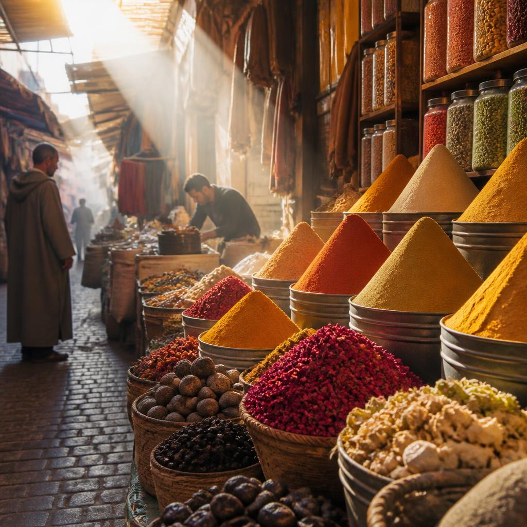 Puestos de especias en el zoco de Marrakech