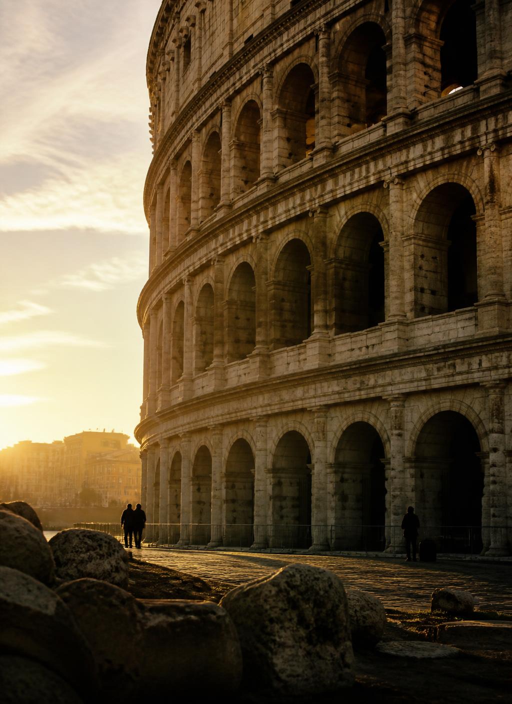 El Coliseo de Roma iluminado por la luz dorada del atardecer