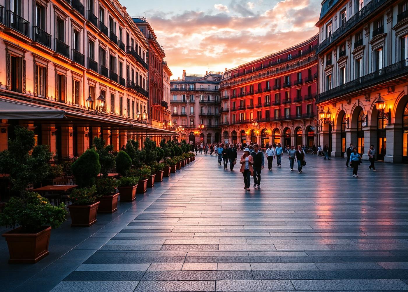 Plaza del centro de Madrid al atardecer con terrazas iluminadas