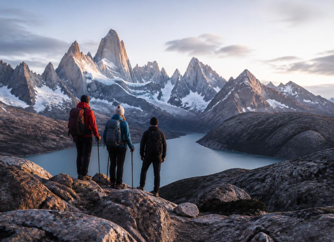 Excursionistas frente a los picos de granito de la Patagonia al amanecer