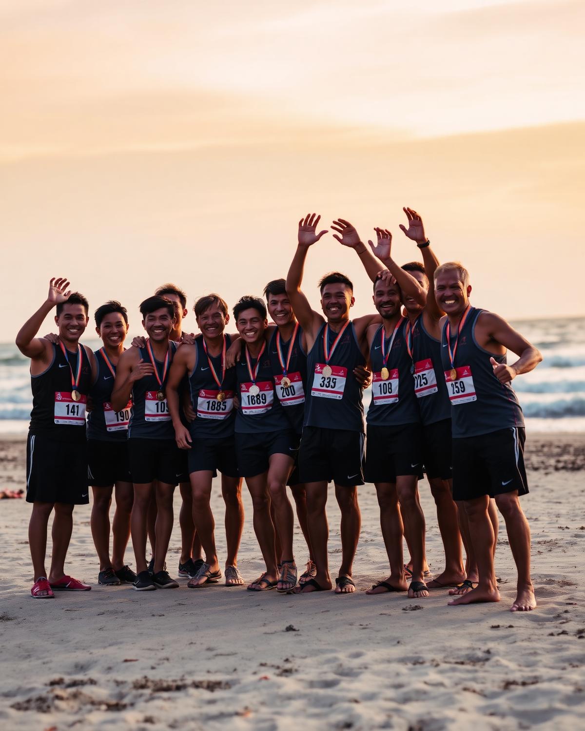 Grupo de atletas celebrando con medallas en la playa