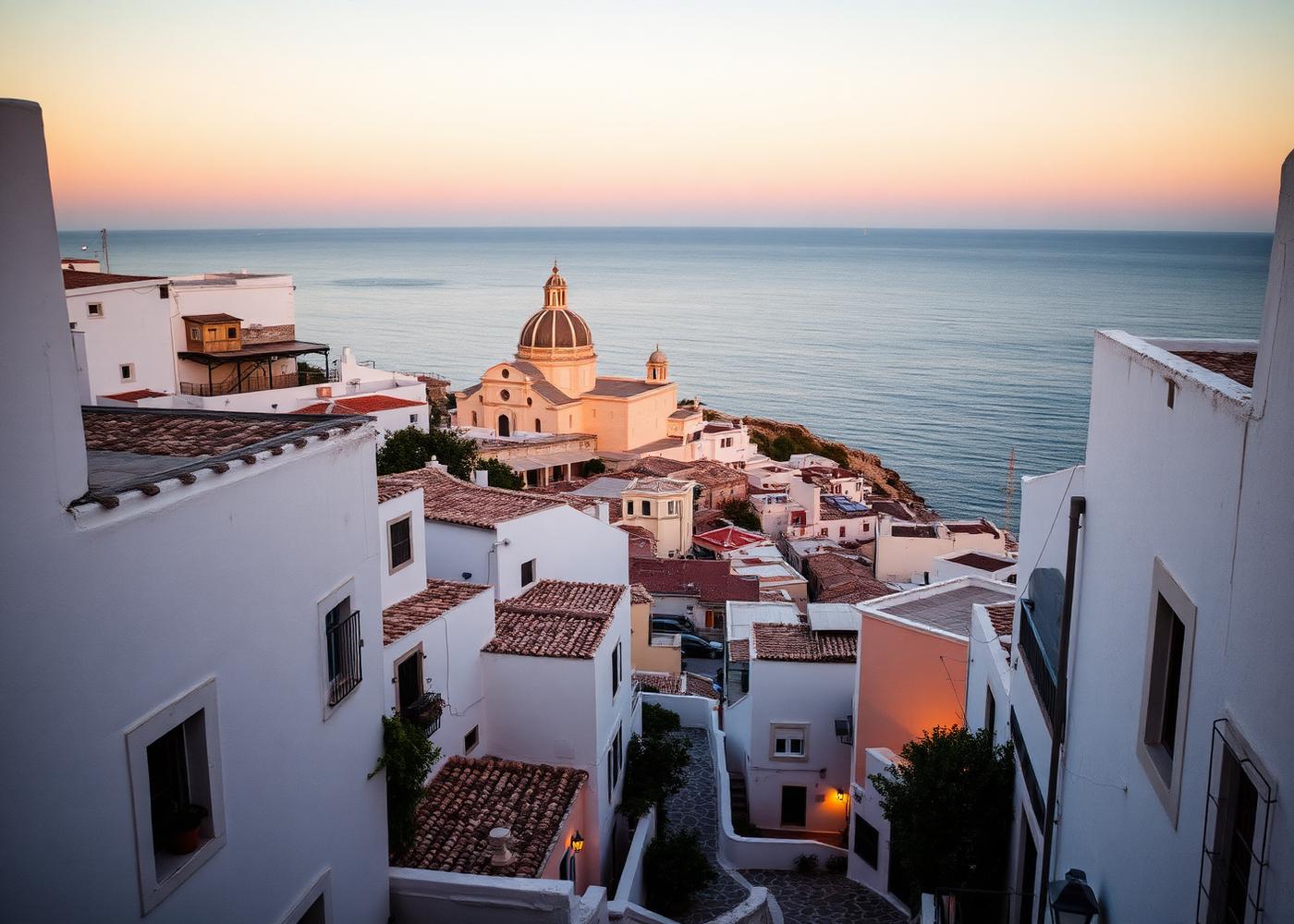 Dalt Vila, el casco antiguo de Ibiza, al atardecer sobre el mar