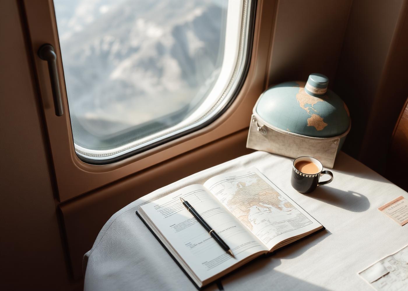 Cuaderno de viaje y mapa junto a una ventana con vista a la montaña